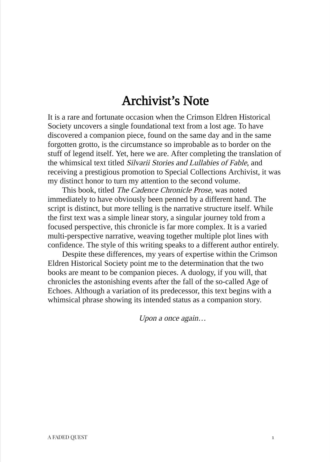 Archivist’s Note, page 1 of A Faded Quest