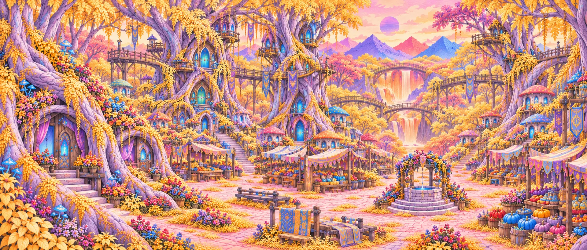 Whispering Grove — Colorista tree homes, market stalls, and autumn canopy